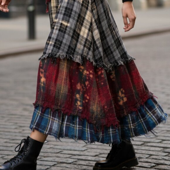 $695 R13 distressed plaid maxi skirt S - Picture 1 of 12